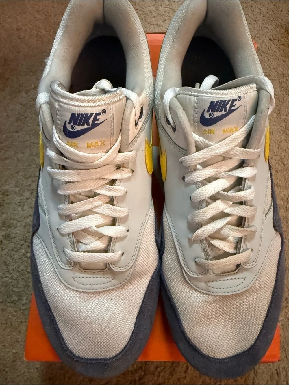 Nike Air Max 1 Blue Recall - White, Navy & Yellow Low-Top Sneakers